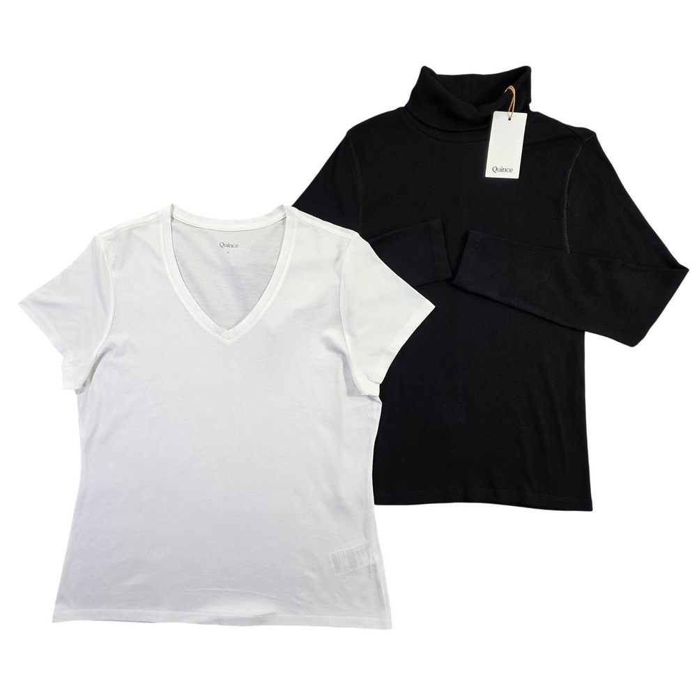 Quince Tops Bundle Women Large Black White NWT Ribbed Turtleneck V-Neck Tee